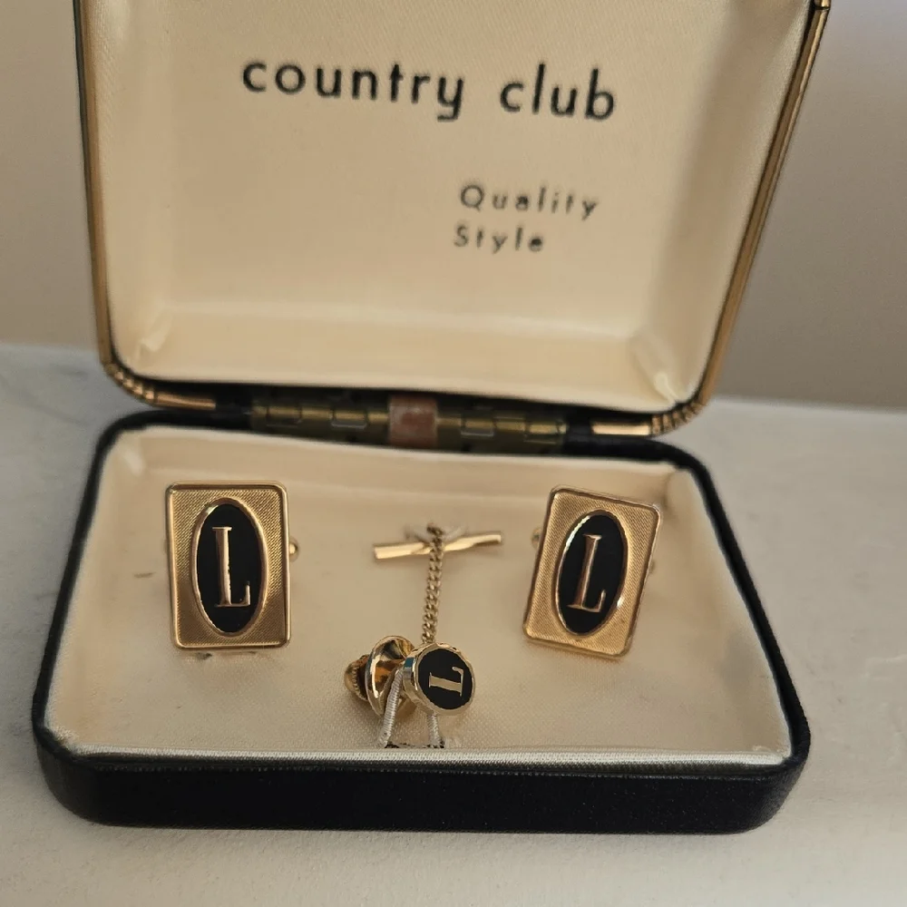 L- Initial Monogram Vintage Cuff Links & Tie Pin